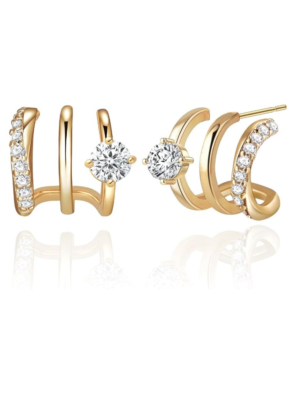 14K Gold Plated Hoop Earrings Triple Huggie Illusion Stud Women